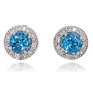 Swiss Blue Topaz and Diamond Stud Earrings in 10K White Gold